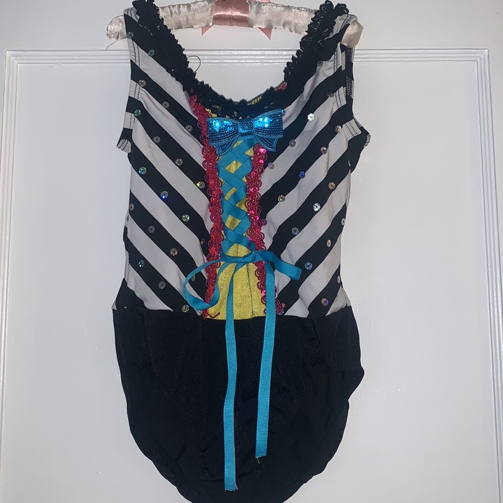 Dansco Leotard MC Black & White w/ Pink Sequin Trim Blue Ribbon EUC Dance